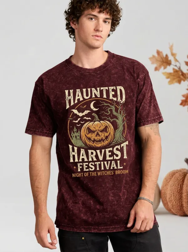 Men's Halloween Haunted Harvest Pumpkin Printed T-shirt