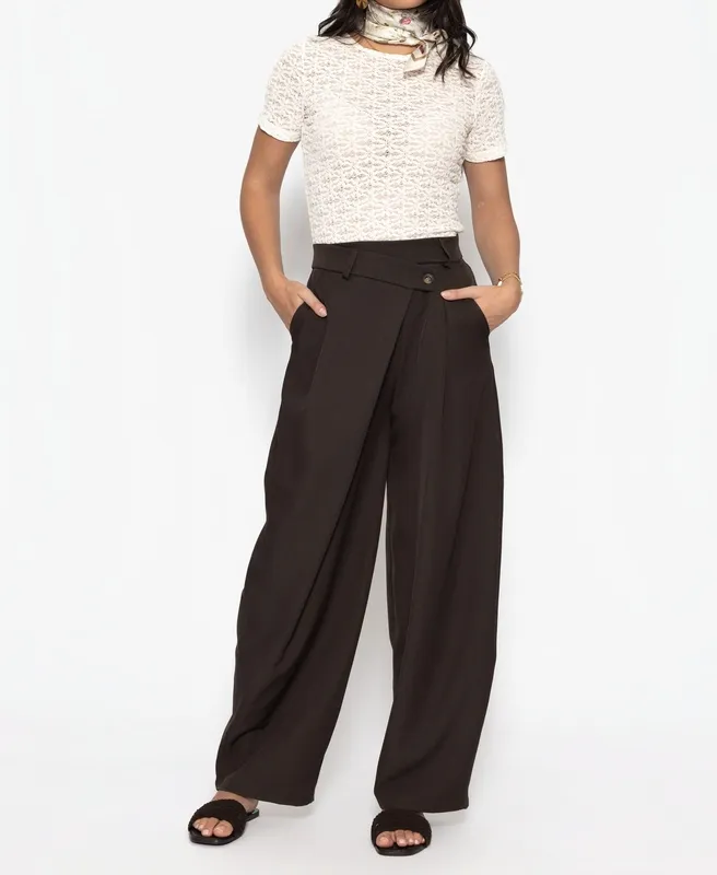 Brown Pleated Asymmetric Pants