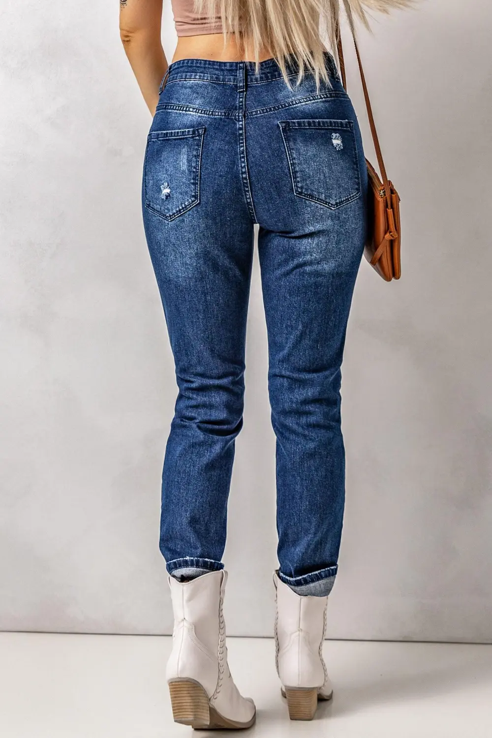 Distressed High Waist Jeans Pocket Shoes