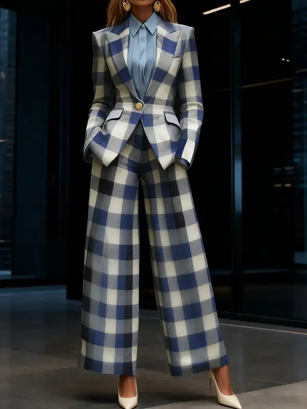 Long Sleeve Relaxed Button Front Contrast Color Plaid Blazer