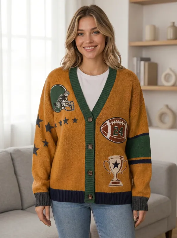Women's Retro Inspired Gridiron Helmet Trophy Ball Knit Cardigan