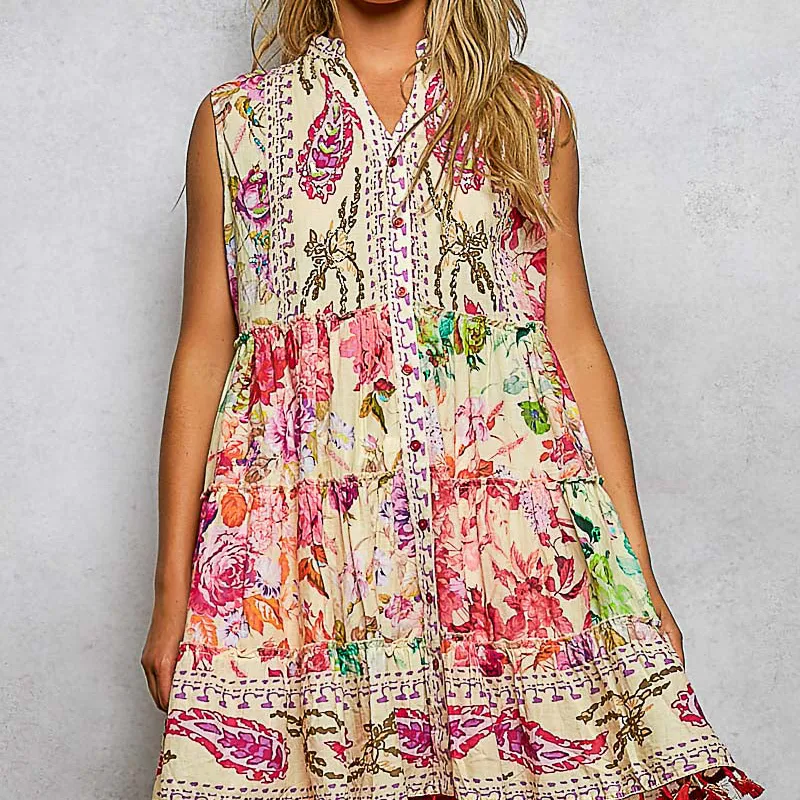 Floral Tiered Sleeveless Collared Dress