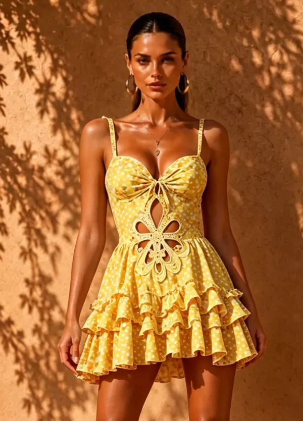 Zariah Yellow Polka Dot Cutout Mini Skirt