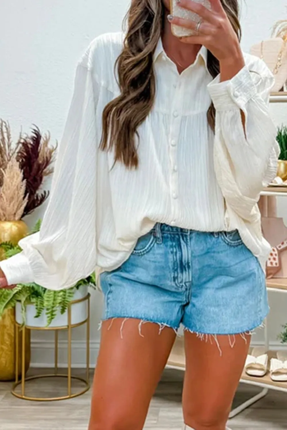 Textured Lantern Sleeve Shirt Blouse