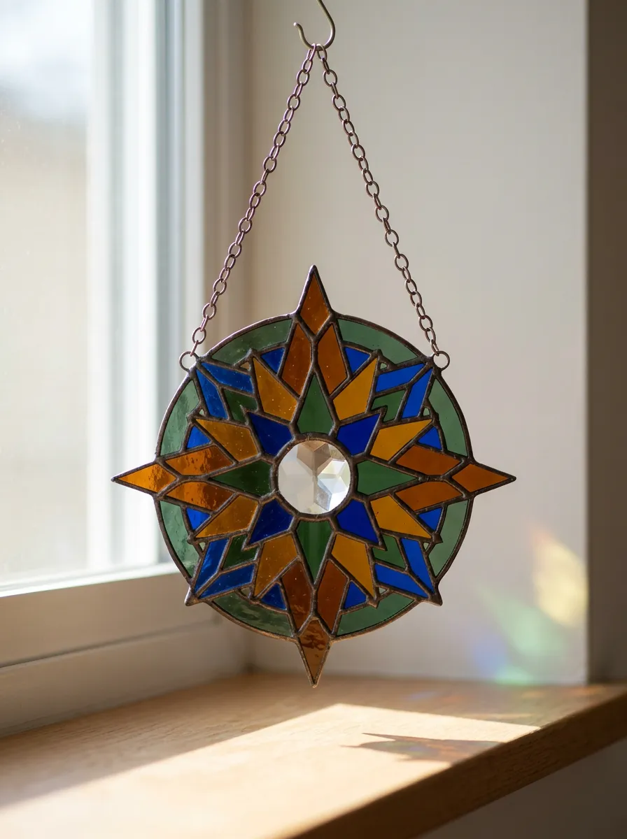 Geometric Star Stained Glass Crystal Suncatcher