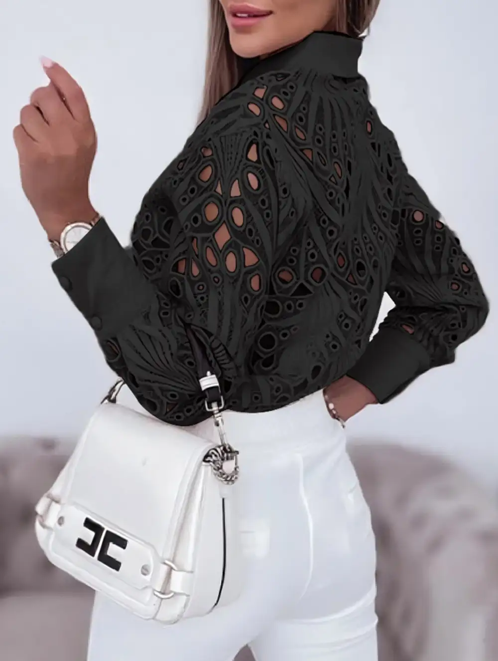 Lace Openwork Long Sleeve Blouse