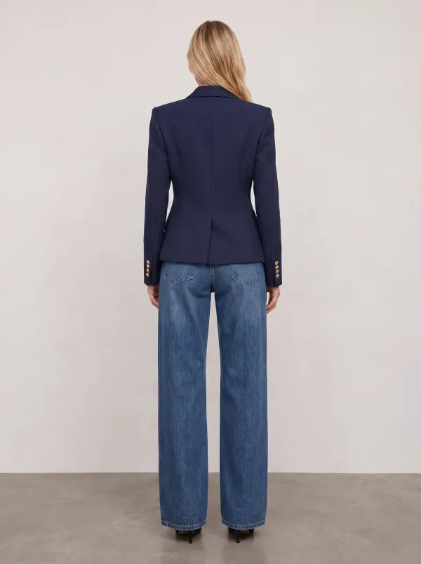 Women's Navy Blue Gold Button Double Breasted Blazer Jacket
