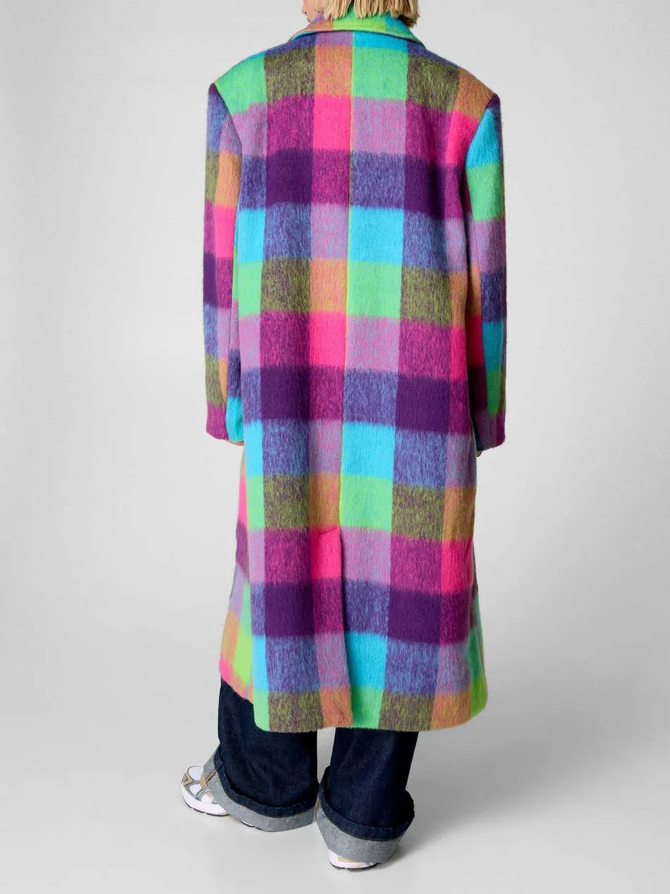 Rainbow Plaid Fuzzy Fleece Long Coat
