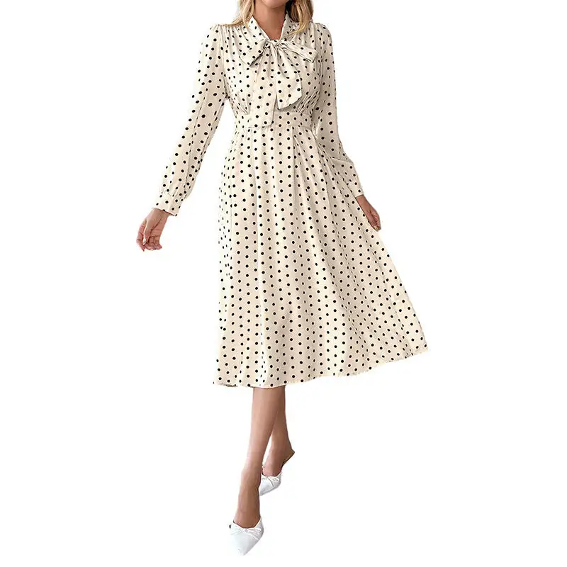 Women's Bodycon Long-Sleeve Lace Polka-Dot Midi Dress