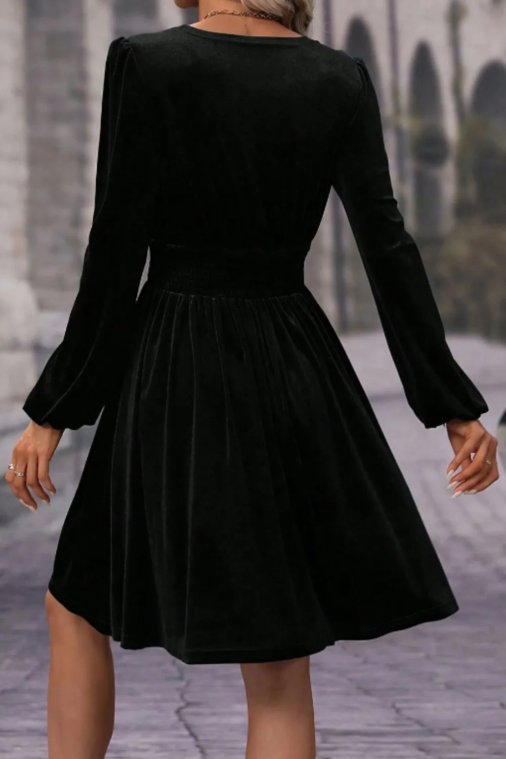 Surplice Long-Sleeve Velvet Casual Dress