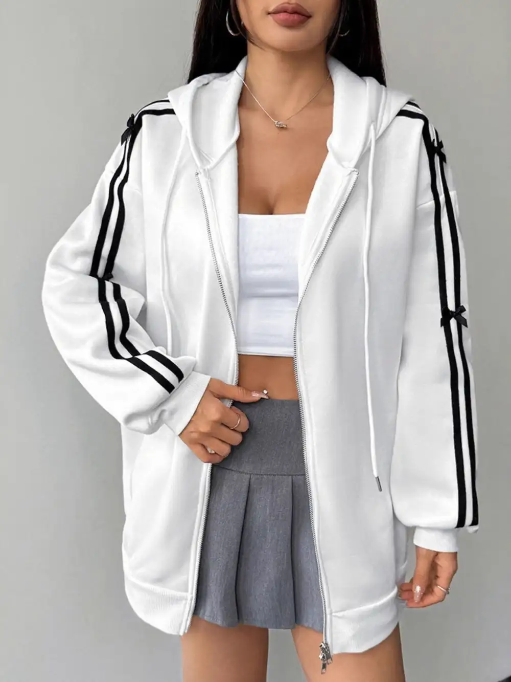 Zip-Detail Drawstring Striped Hoodie