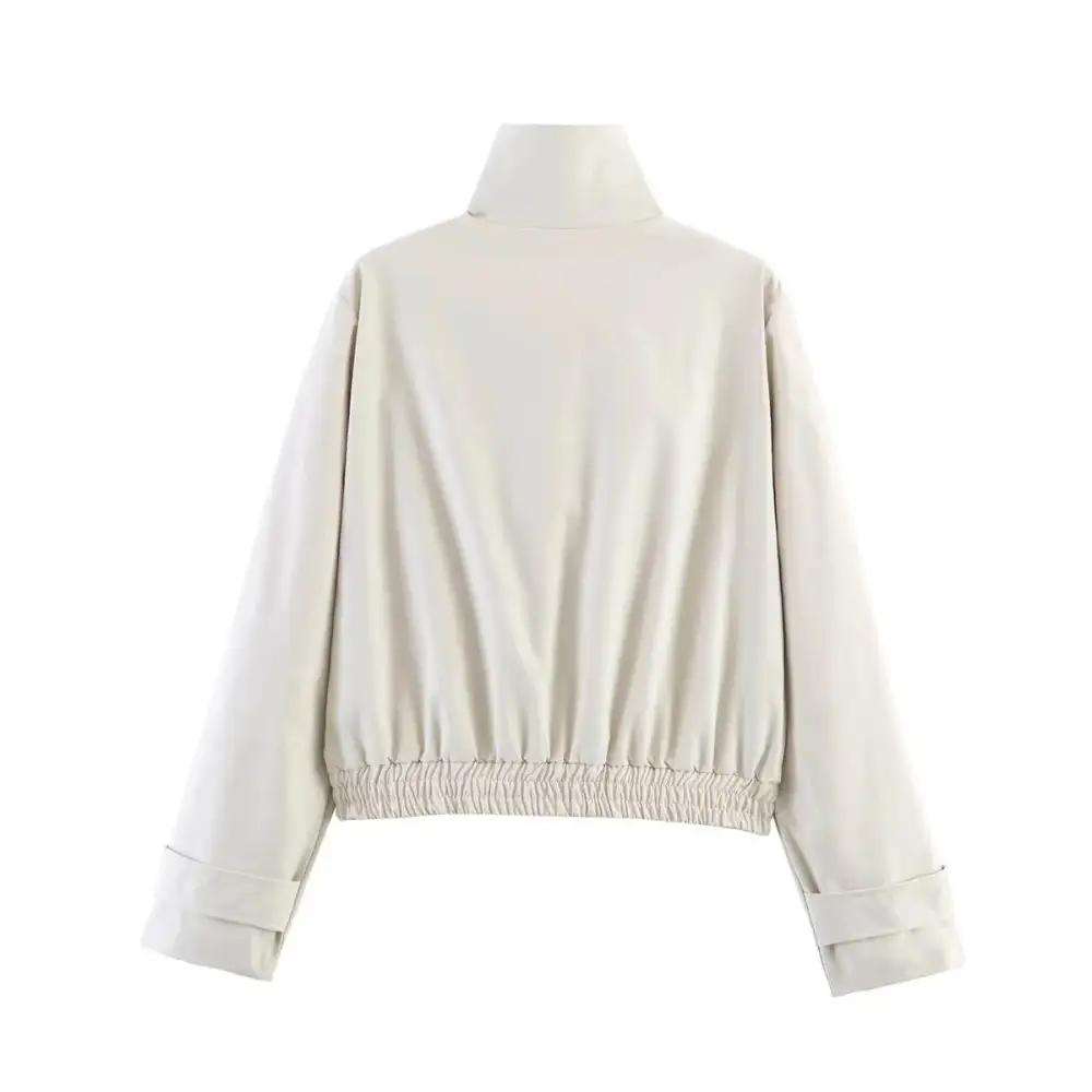 Cropped Stand Collar Snap Front Elastic Hem Bomber Jacket