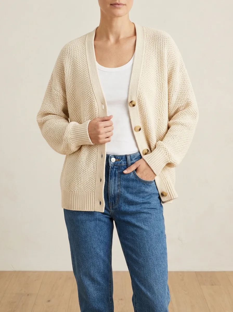 Women's Ribbed Knit Button Front V Neck Relaxed Cardigan