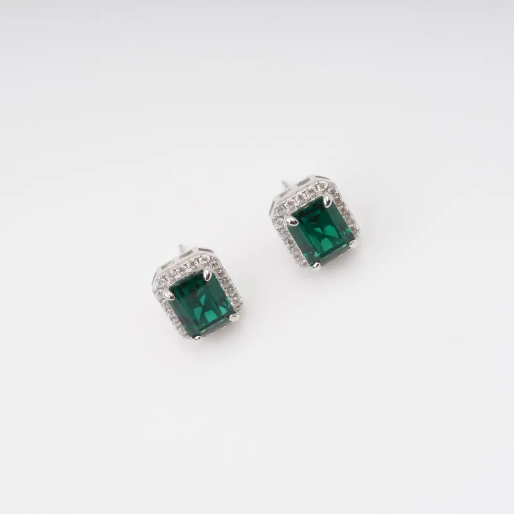 Green Square Emerald Cut Gemstone Sterling Silver Earrings