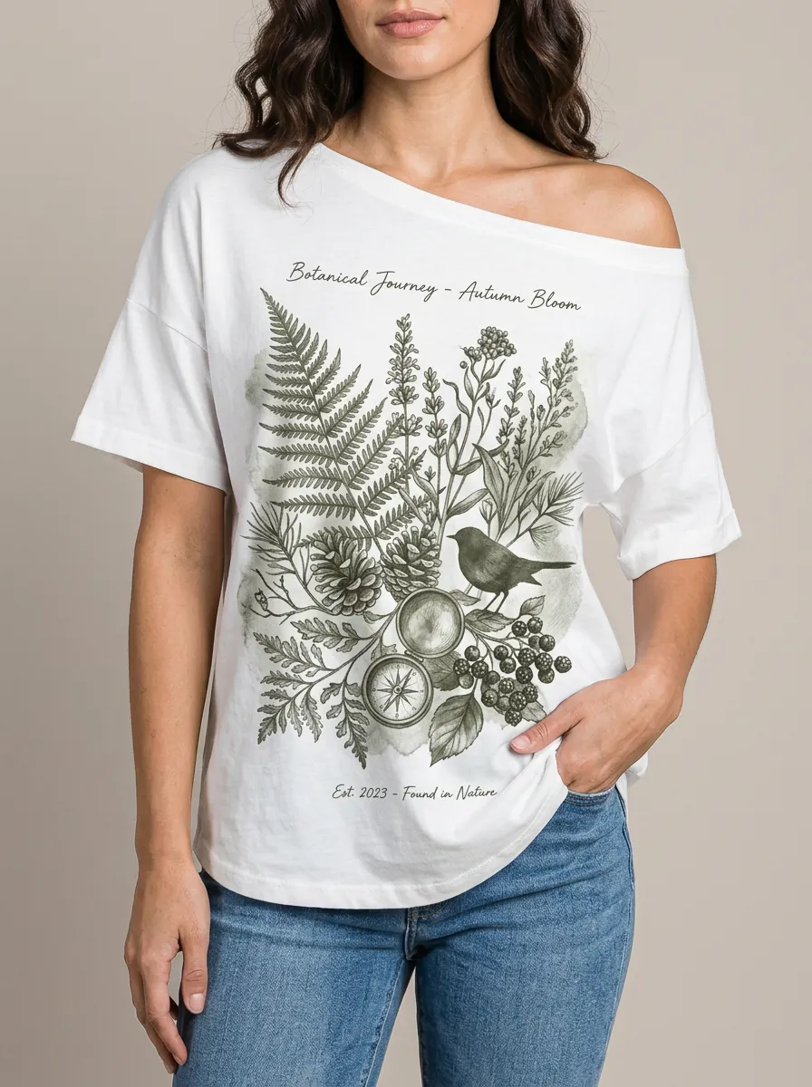 Women's Botanical Nature Lover Fern Bird Compass Printed T-shirt
