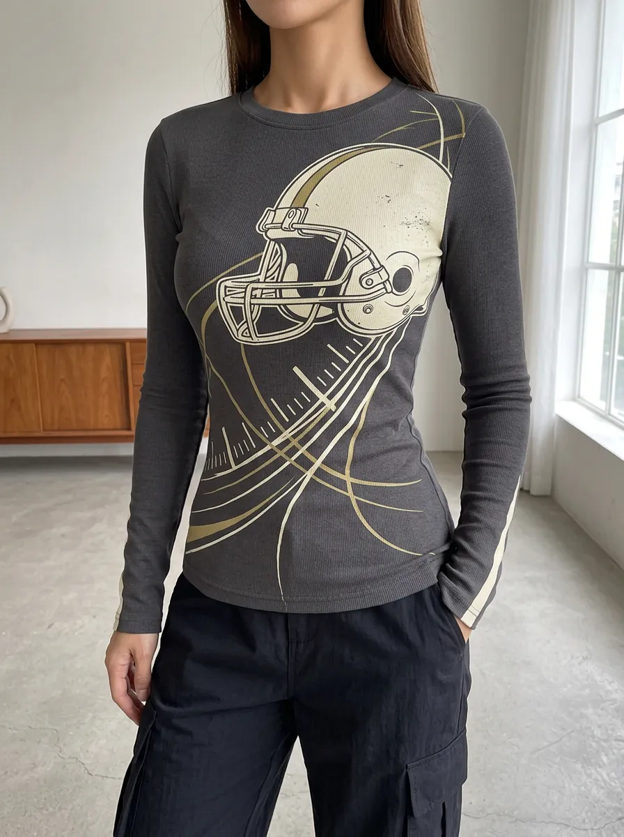 Women's Helmet Graphic Long Sleeve T-Shirt with Football Graphic