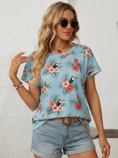Toucan Hibiscus Floral Women's Loose Printed T-Shirt