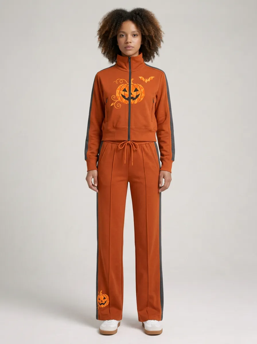 Women's Halloween Pumpkin Bat Printed Tracksuit Set