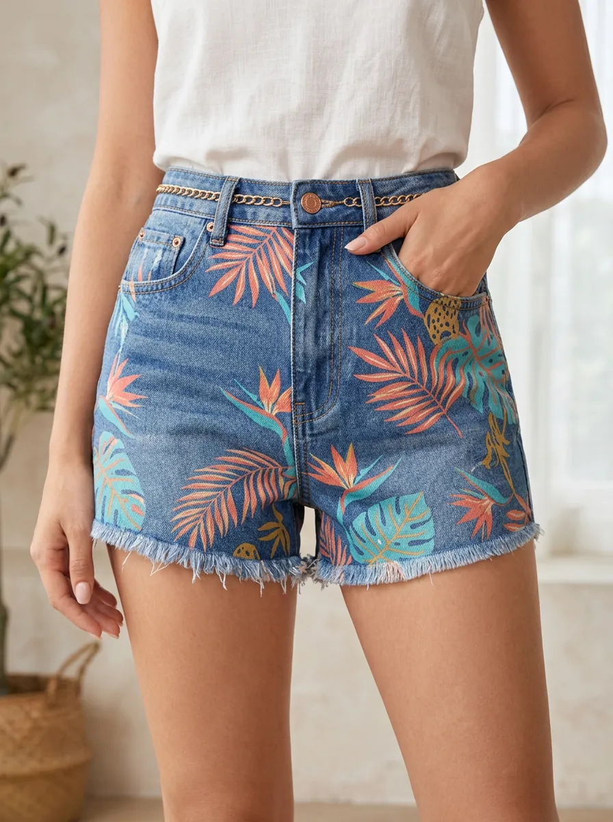 Women's Tropical Summer Beach Palm Leaf Printed Denim Shorts