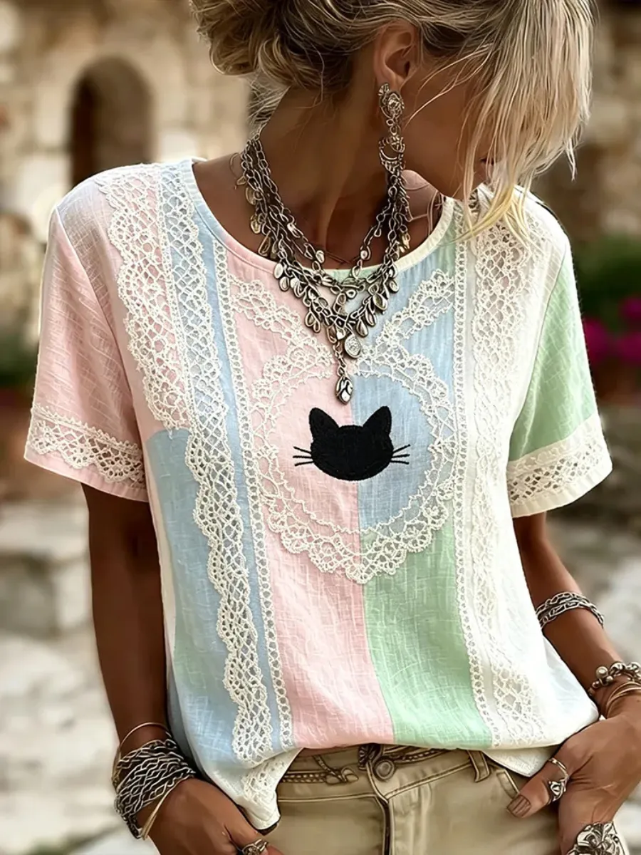Women's Retro Rose Embroidered Pattern Crew Neck T-shirt