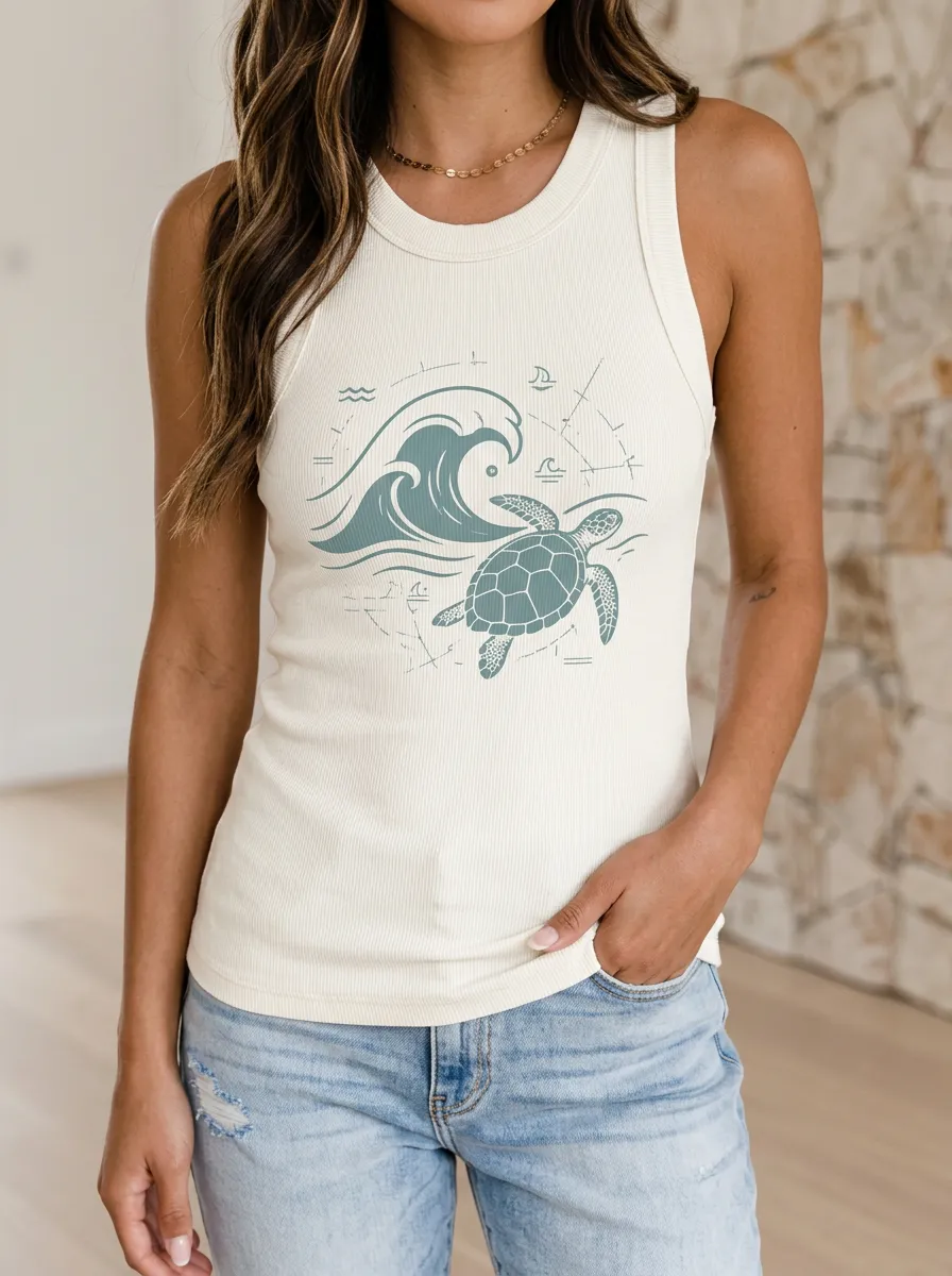 Women's Ocean Lover Sea Turtle Wave Graphic Printed Tank Top