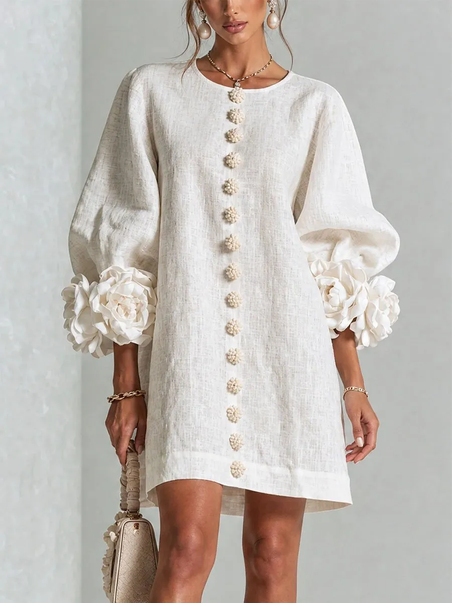 Printed 3D Floral Button-Front Mini Dress