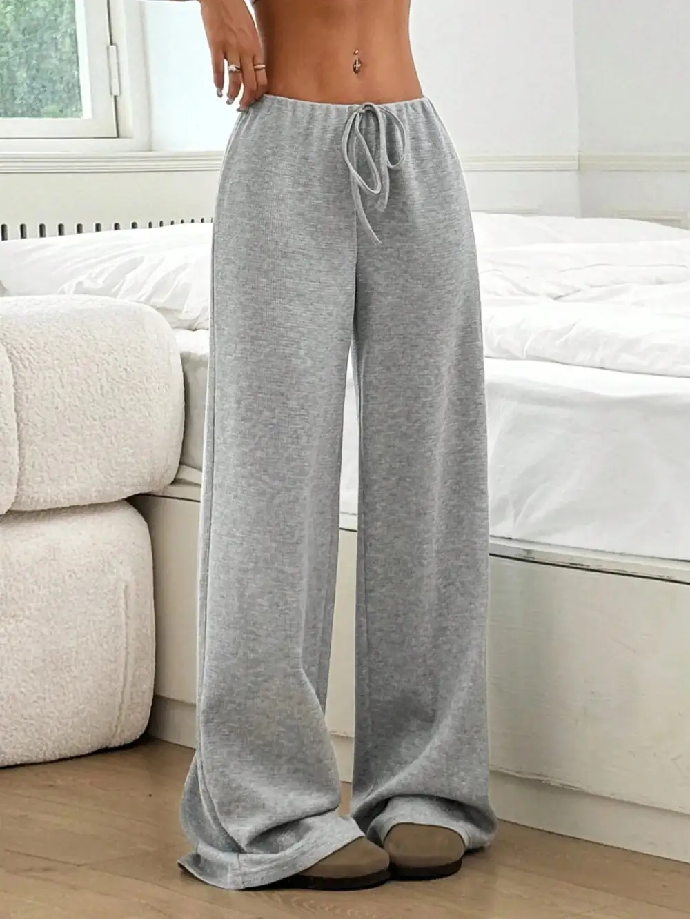 Wide Leg Drawstring Striped Casual Pants