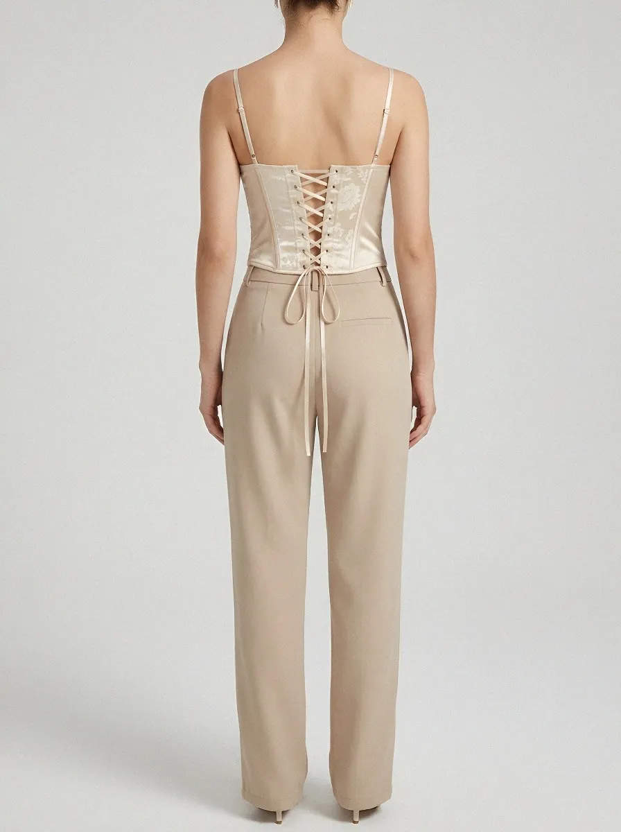 Floral Jacquard Lace-Up Button-Front Women's Corset Top