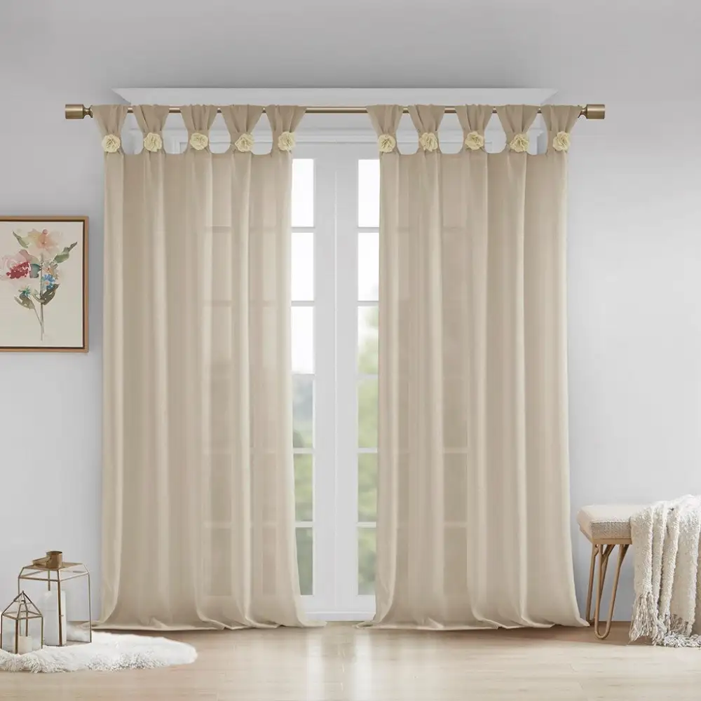 Sheer Linen Floral Tab-Top Curtain Panel