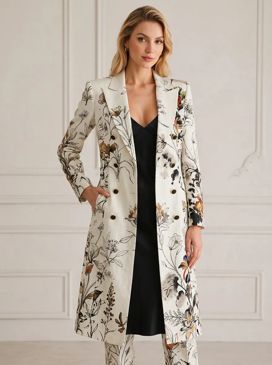 Women's Botanical Floral Art Printed Long Blazer Coat