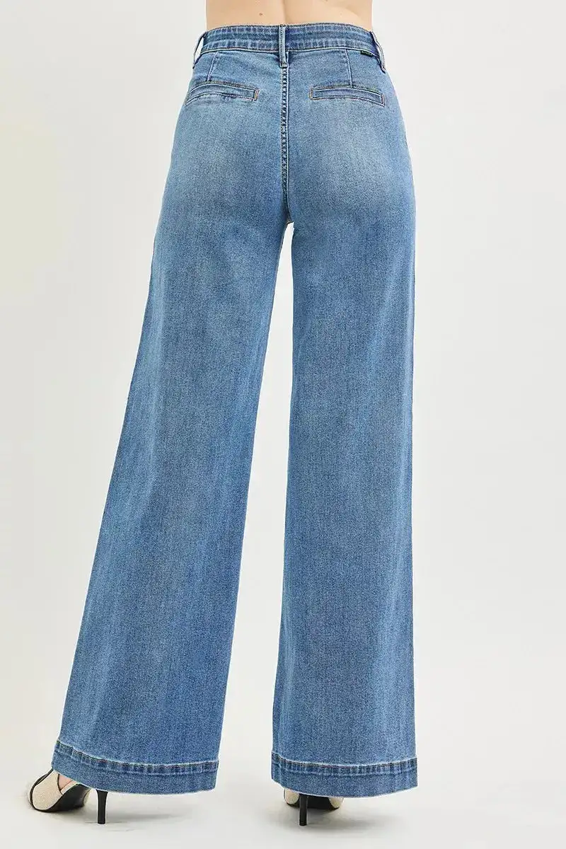 Tummy Control High Rise Wide Leg Cropped Pocketed Denim Jeans