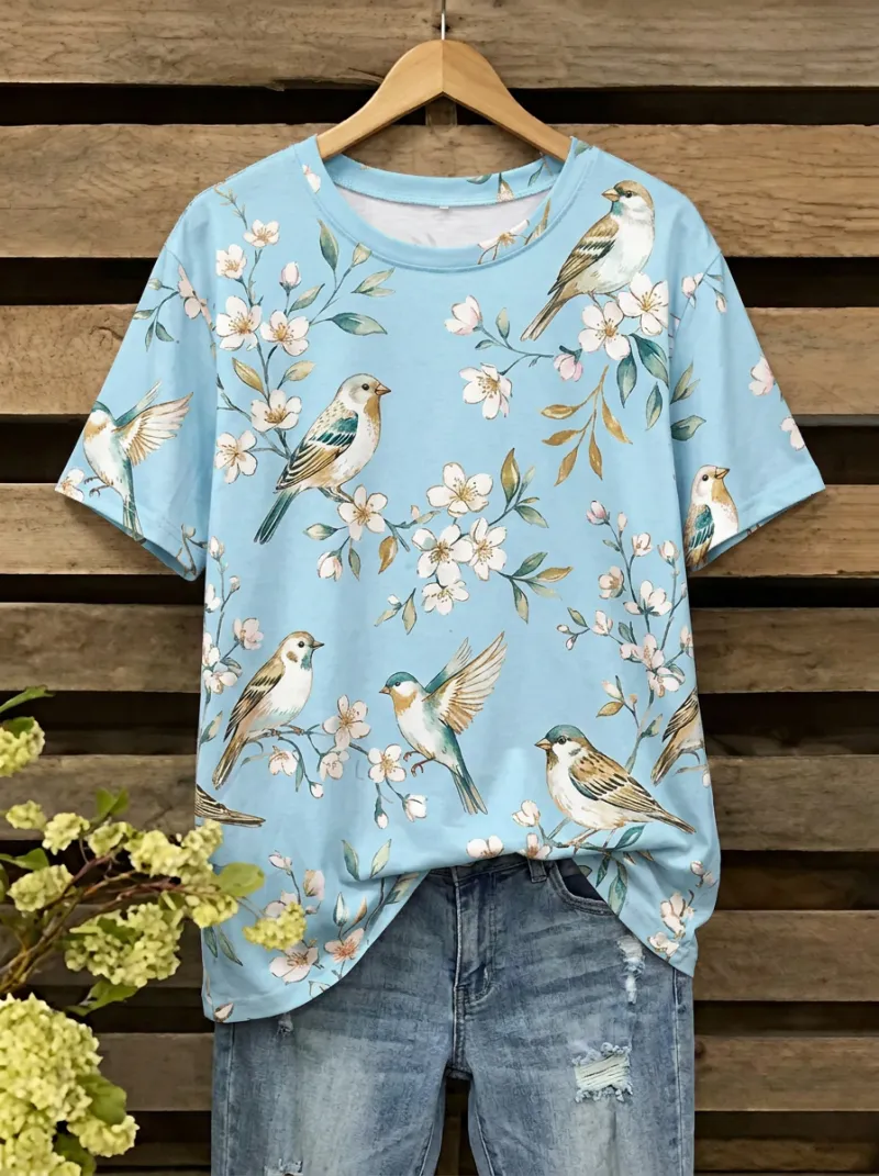 Garden-Inspired Bird Floral Women's Loose Printed T-Shirt