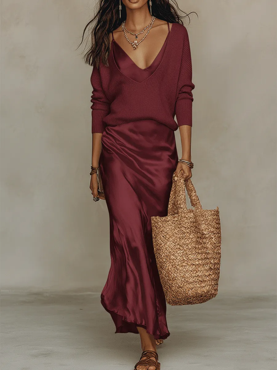 Effortless Ivory Knit & Satin Slip Dress Set