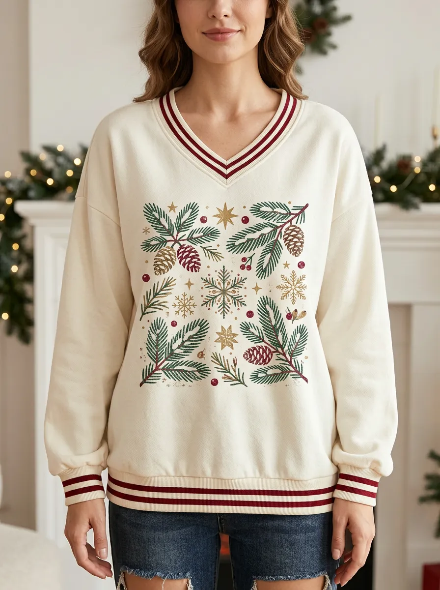 Christmas Pine Cone Snowflake Print V-Neck Sweatshirt