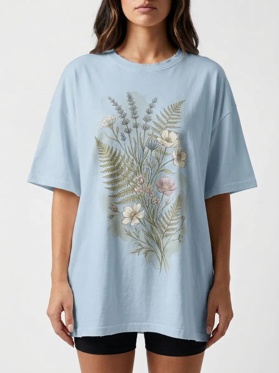 Women's Botanical Nature Lover Wildflower Fern Printed T-shirt