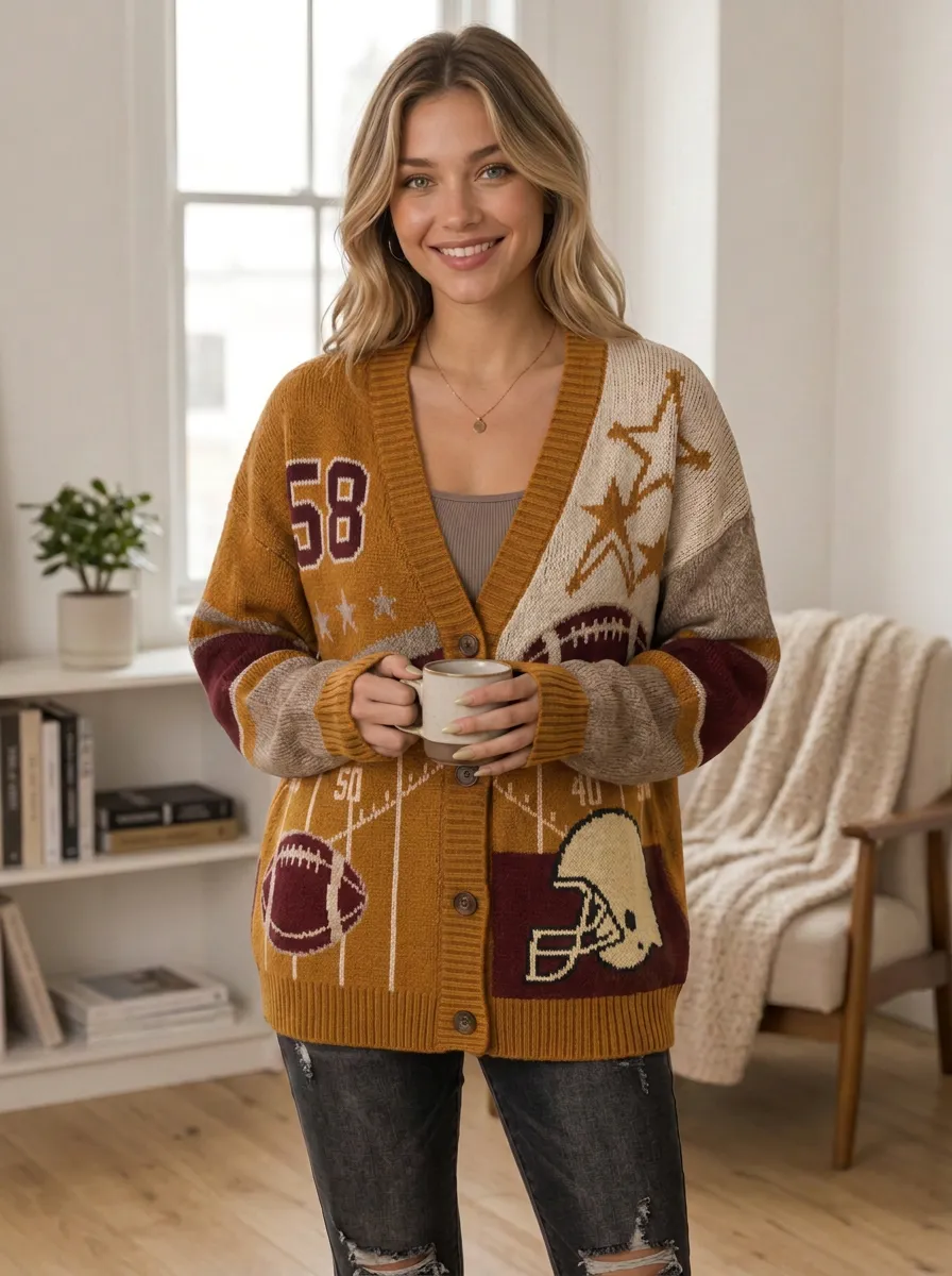 Women's Heritage Inspired Gridiron Helmet Star Ball Knit Cardigan