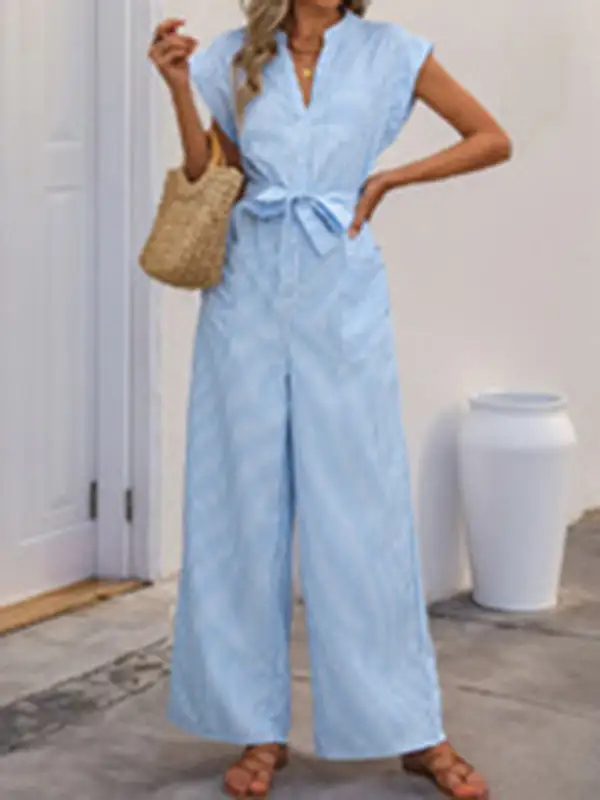 Sleeveless V Neck Withe Vertical Striped Jumpsuit