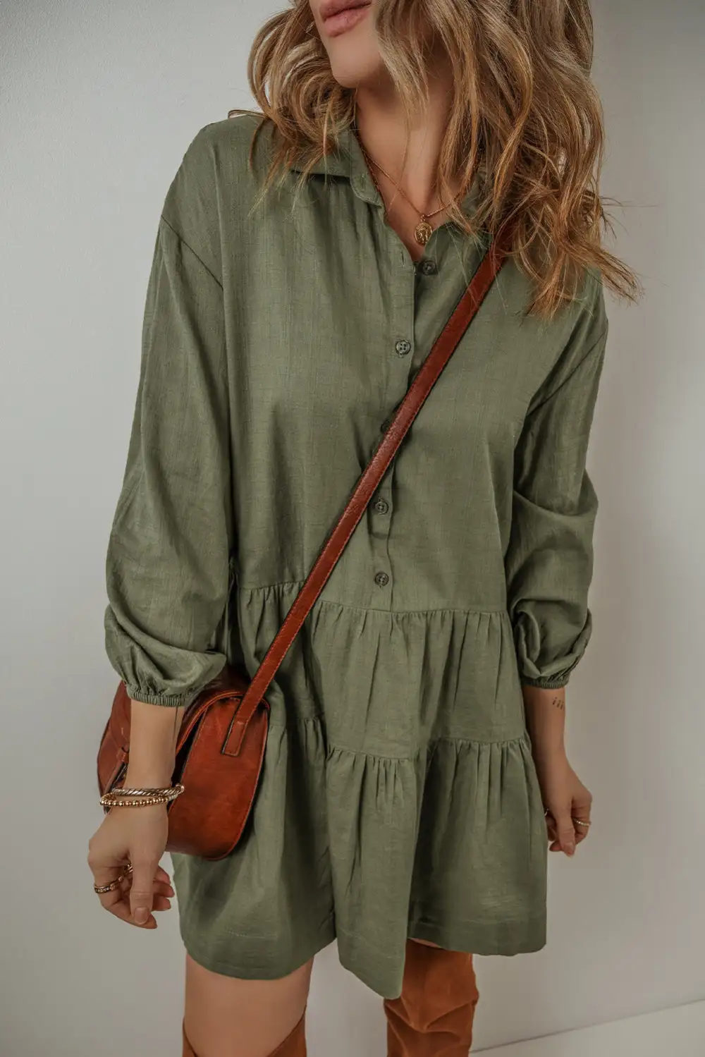 Tiered Pleated Button Front Mini Dress