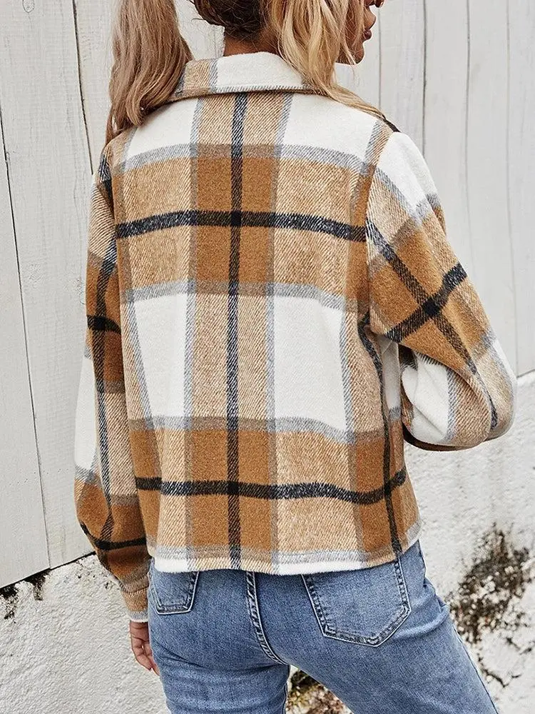 Relaxed Collared Plaid Pocketed Jacket