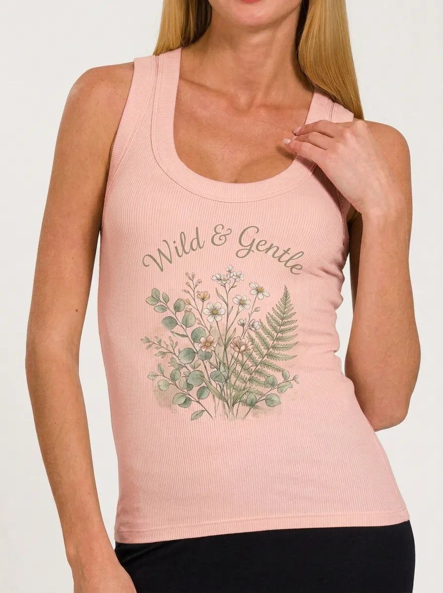 Women's Wild & Gentle Floral Fern Printed Ribbed Tank Top