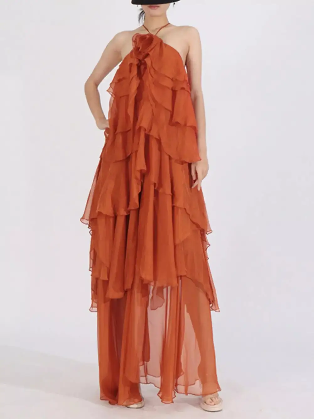 Tiered Halter Chiffon Maxi Dress