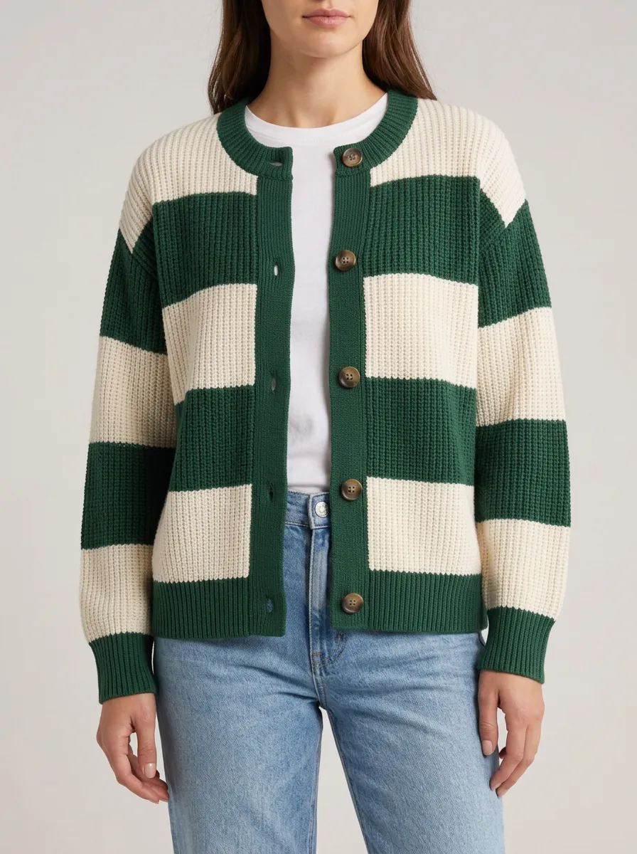 Classic Layering Distinctive Rugby Striped Knit Cardigan