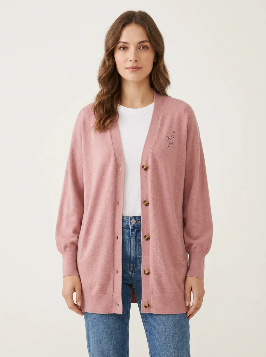 Women's Minimalist Floral Pink Embroidered Button Casual Cardigan