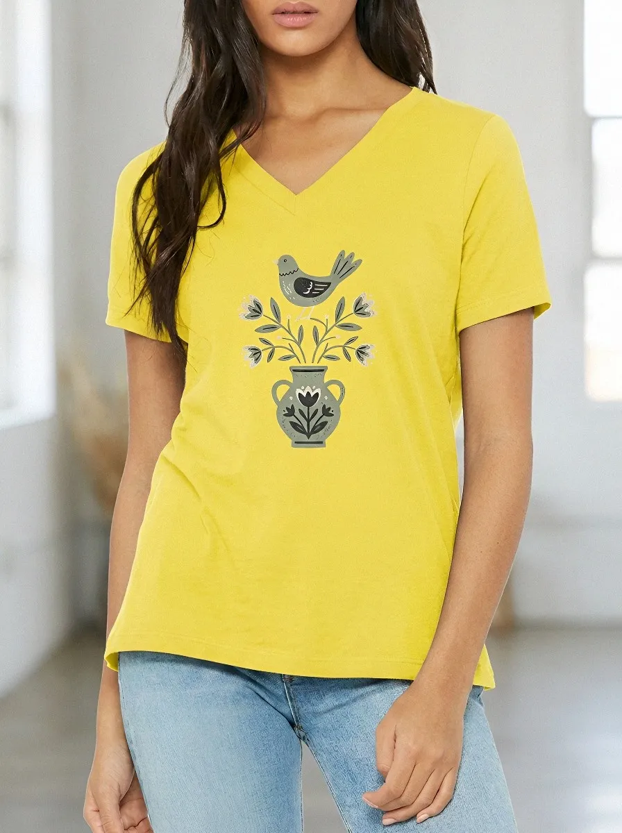 Women's Folk Art Bird and Floral Vase Printed V-neck T-shirt