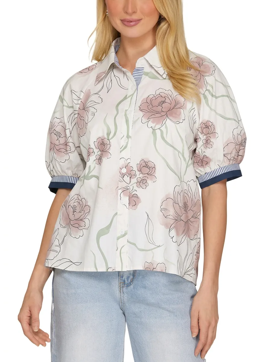 Women's Floral Lover Pink Peony Printed Puff Sleeve Shirt