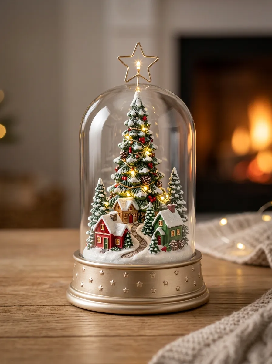 Village Snow-Covered Tree Glass Dome LED Christmas Tabletop Ornament
