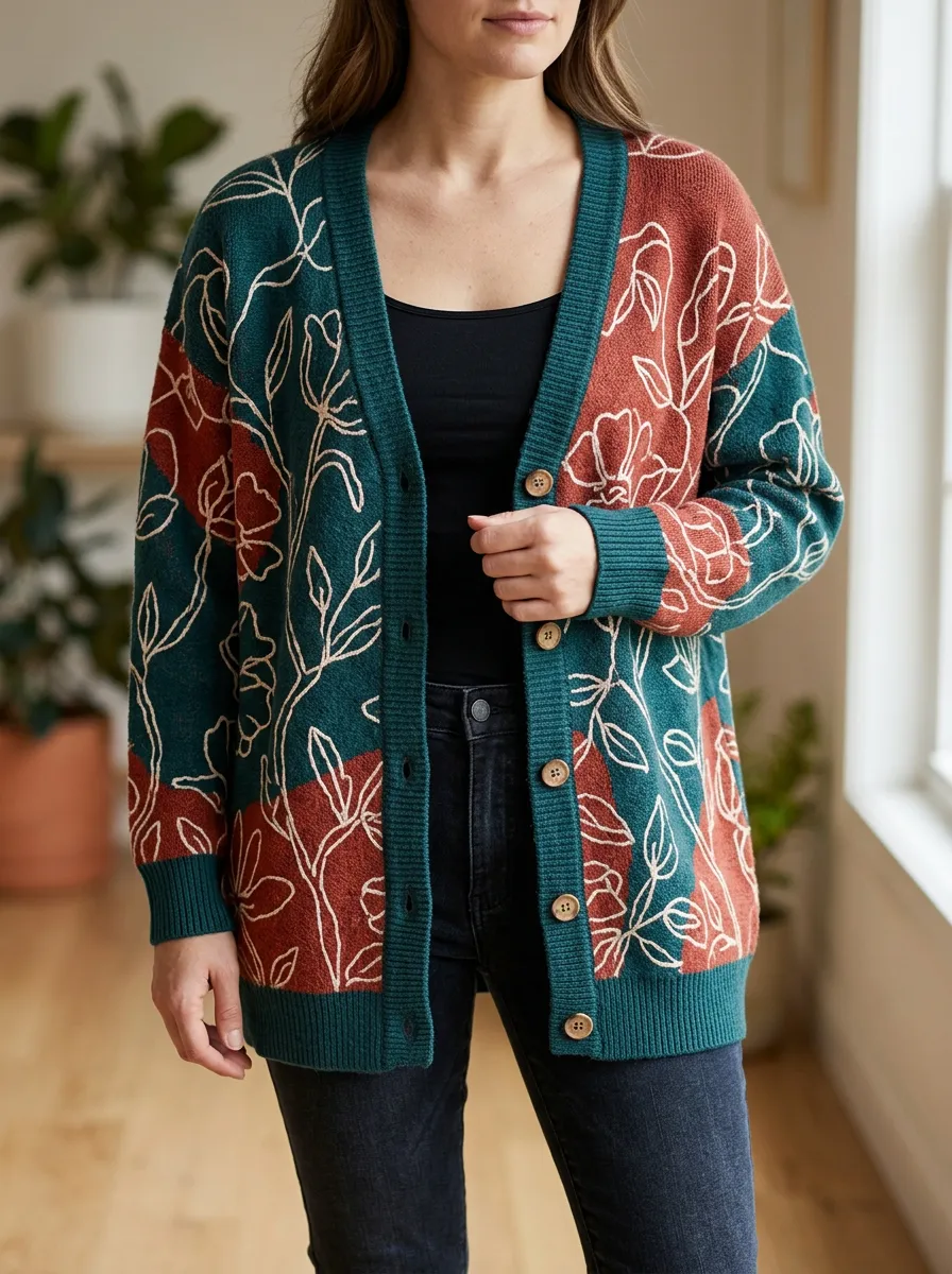 Women's Boho Floral Pattern Colorblock Printed Cardigan