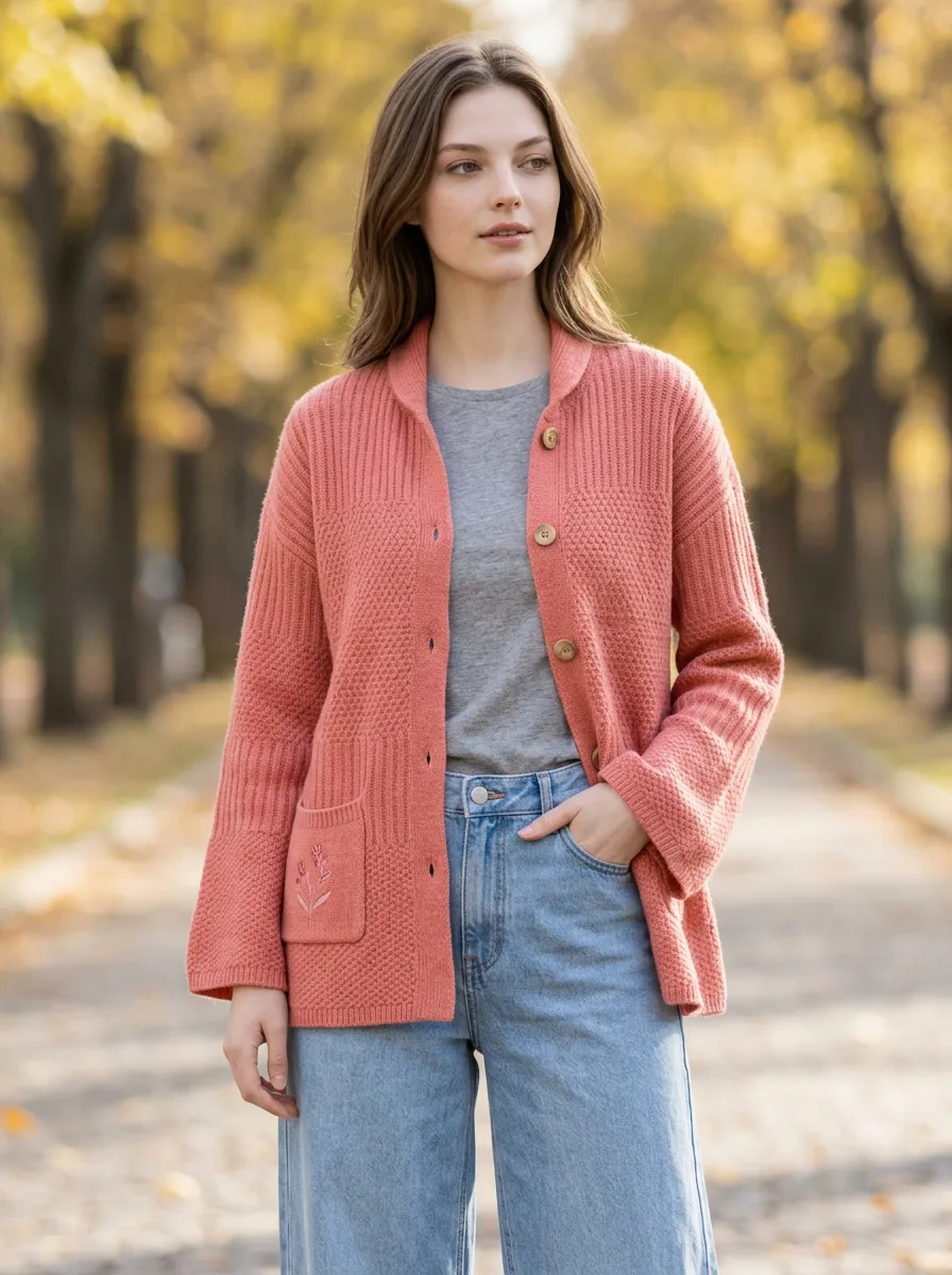 Women's Coral Textured Knit Button-Down Cardigan