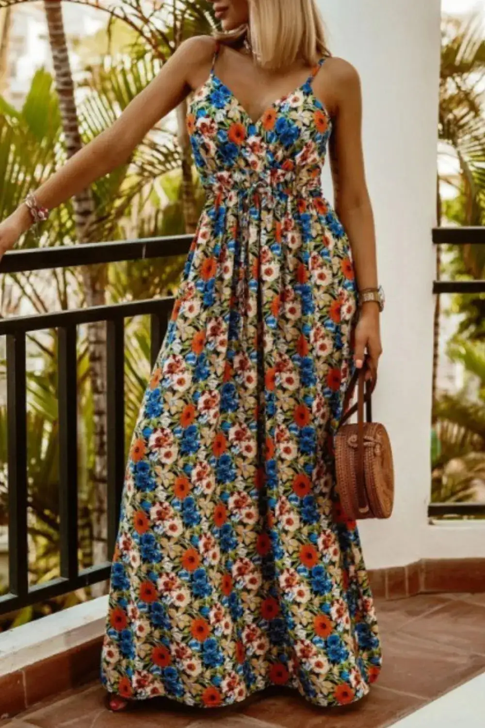 Classic Smocked Spaghetti-Strap Printed Maxi Dress