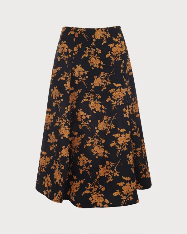 Plants Print Black Skirt